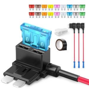 imageJOREST 4Pcs 16AWG Standard Blade Fuse Adapter 12V32V AddaCircuit Fuse Tape Holder with 14Pcs Standard 2A 3A 5A 75A 10A 15A 20A 25A 30A Automotive Fuses Electrical TapePuller