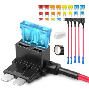 imageJOREST 6Pcs 3Types Fuse Tap Adapter Kit 12V32V Micro Mini Standard AddaCircuit ATO ATC ATM APM Fuse Tape Holder Jumper with 20Pcs5A 10A 15A 20A Automotive Fuses Electrical TapePuller