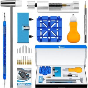 imageJOREST Watch Repair Tool Kit for Battery Replacement Strap Adjustment Resizing Watch Link Pin Remover Watch Opening Pry Knife Case Opener for Watch Back Removal with Watch Hammer Spring Bars