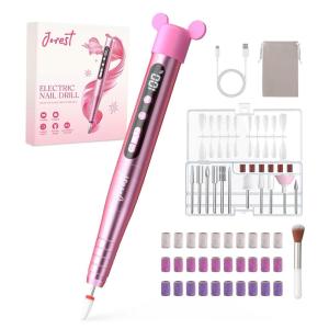 imageJOREST 13in1 Cordless Electric Nail Drill Kit with LED Display 35000 RPM 6Speed Rechargeable Manicure Tool for Acrylic Gel Nails Nail File with Bits amp Sanding Bands for Beginners Rose Pink